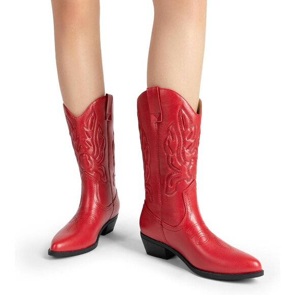 Women's Red Mid Calf Western Embroidery Stitched Faux Leather Cowgirl Boots - Picture 7 of 8